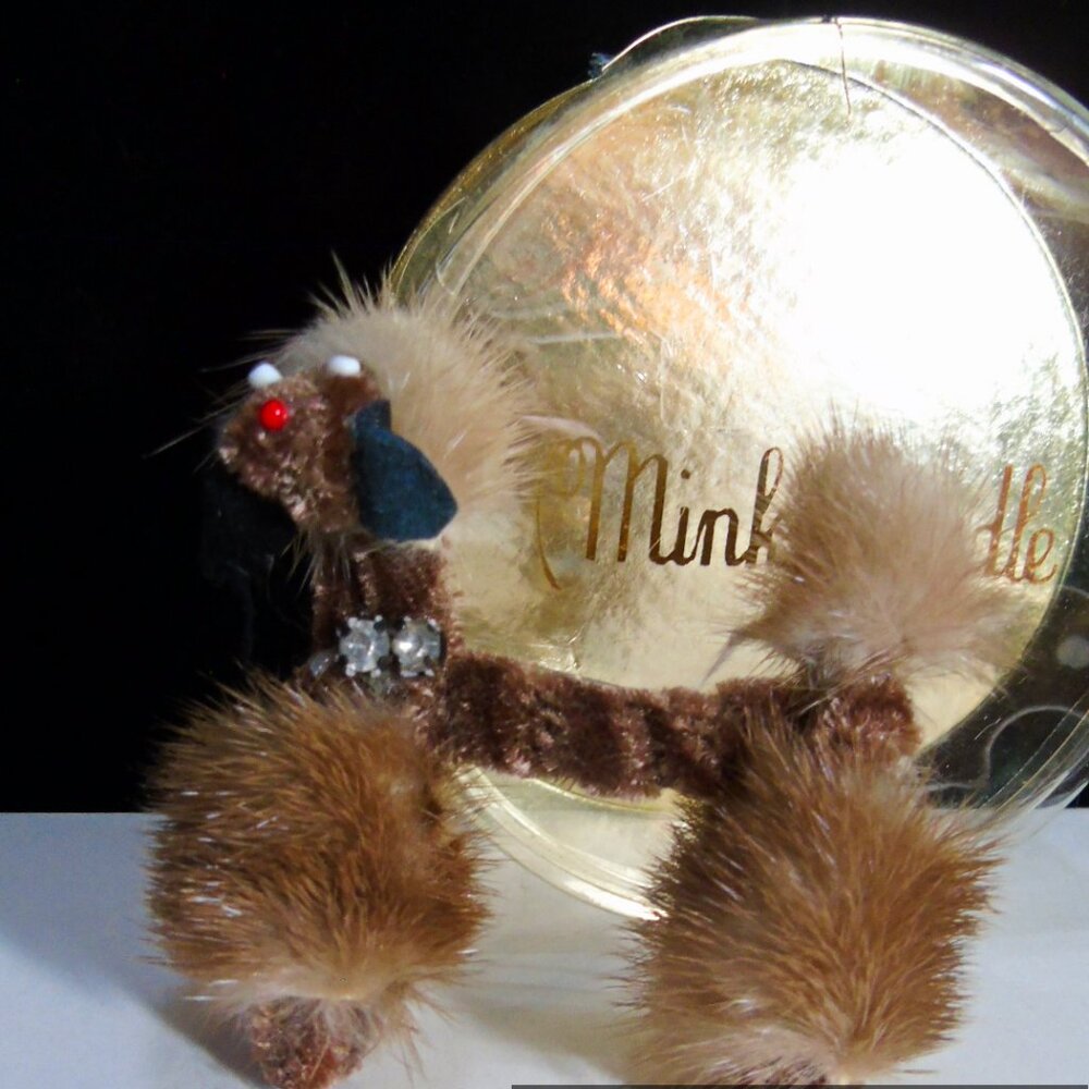 1950's Vintage Mink Fur Poodle with Rhinestone Collar Brooch Original Case NOS!